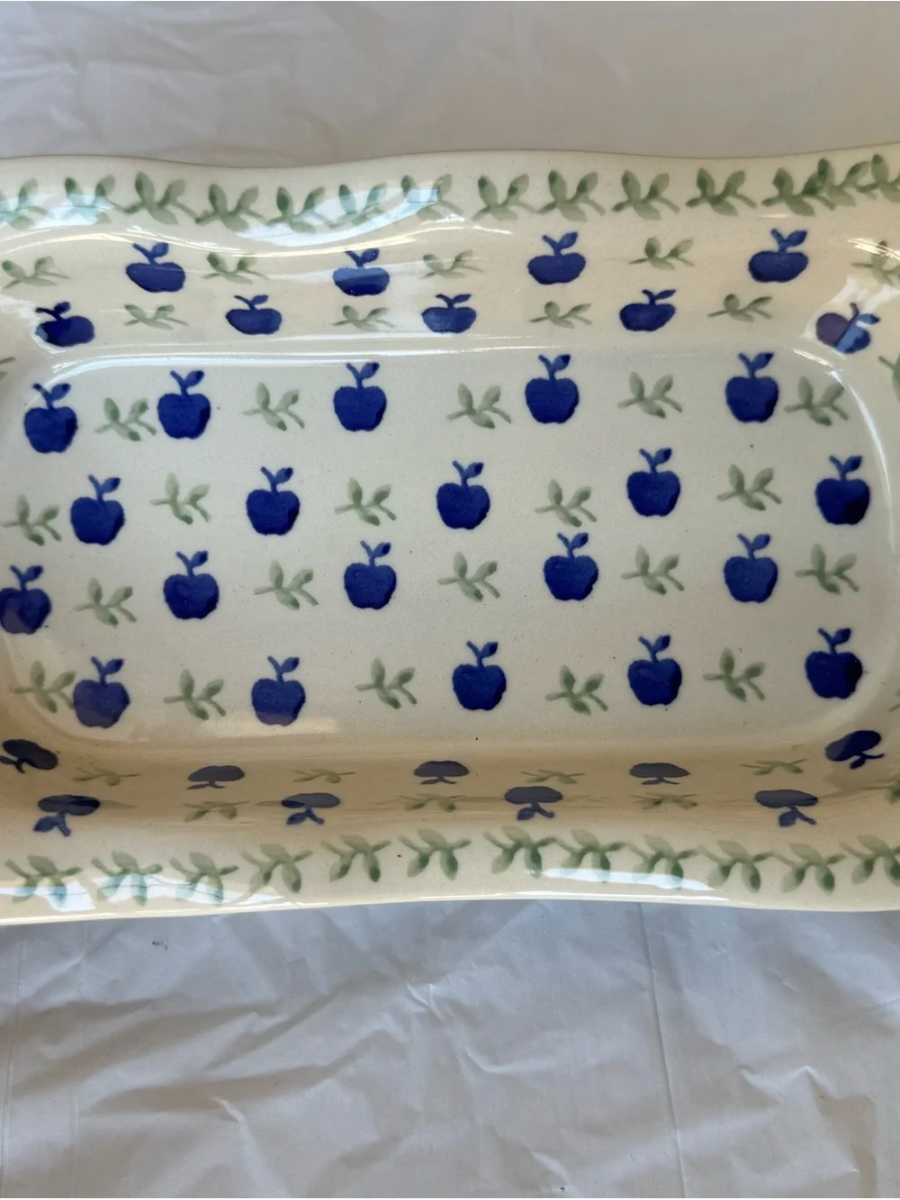Vintage Polish Pottery Blue Apple Pattern Ceramic Serving Platter - White